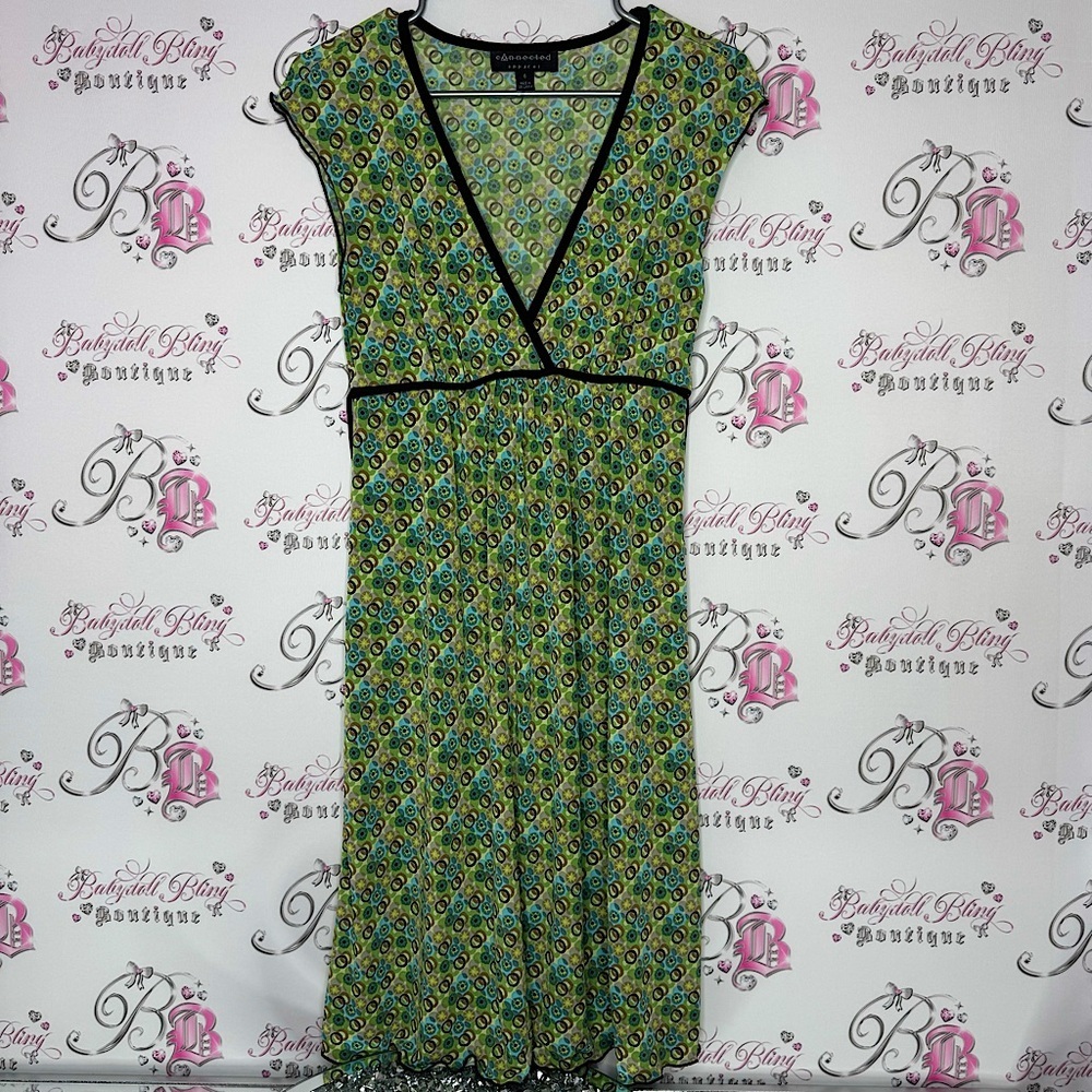 Connected apparel dress dotted circles green brown waist tie up belt stretchy